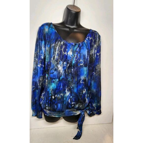 Women's Roz and Ali 18-20 Long Sleeve Tie Waist Scoop Neck Ruffled Flowing Blue - Picture 10 of 16